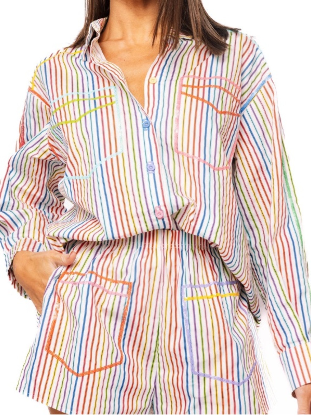 QOS Queen of Sparkles Rainbow Striped Button Up Pocket Cotton Top